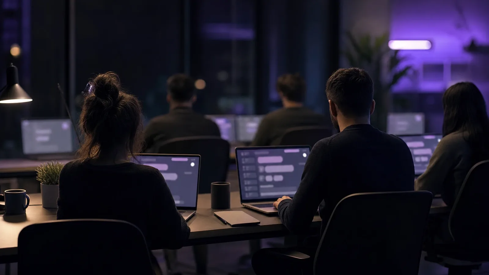 Equipo de chatters trabajando de noche con portátiles en una oficina con luz morada