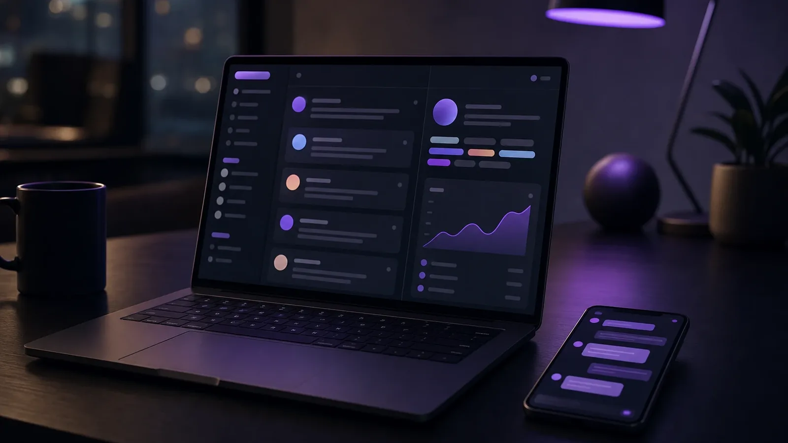 Portátil con un panel de CRM de conversaciones y ventas junto a un móvil con chats, en tonos morados