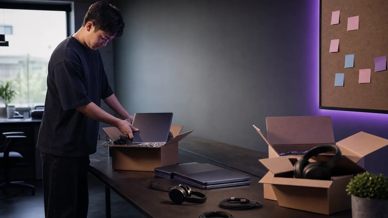 Persona desembalando portátiles y auriculares sobre una mesa larga en una oficina pequeña recién alquilada