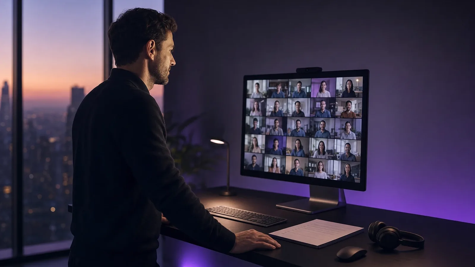 Responsable de turno de pie ante un monitor con una videollamada en cuadrícula con su equipo remoto